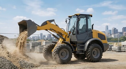 Fototapeta premium Compact Wheel Loader Loading Gravel at Construction Site with City Skyline