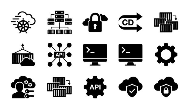Modern Technology Icons Set: Cloud Computing, API, Security, Development, Containers, DevOps, Data Management, Software Engineering, System Administration