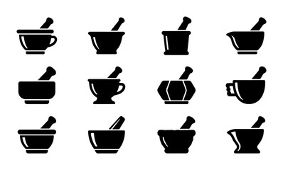 Fototapeta premium Mortar and Pestle Icon Set, 12 Vector Elements for Pharmacy, Cooking, and Science Graphics, Black and White Kitchen Tools Collection