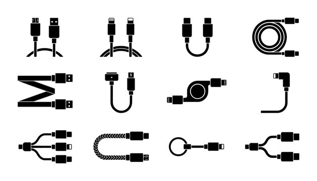Collection of USB and Lightning Charging Cables, Diverse Connector Types, Data Transfer and Power Supply Icons, Vector Set