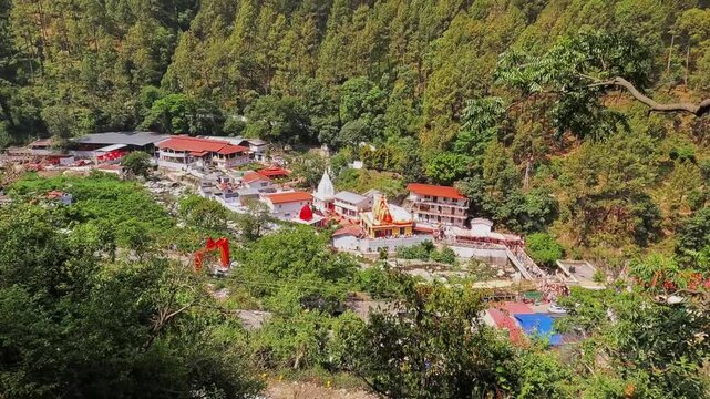 High-angle view of the famous Kainchi Dham Ashram of Neem Karoli Baba in Nainital, Uttarakhand, India