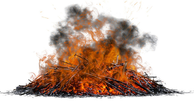 Large bonfire with bright orange flames and dark smoke