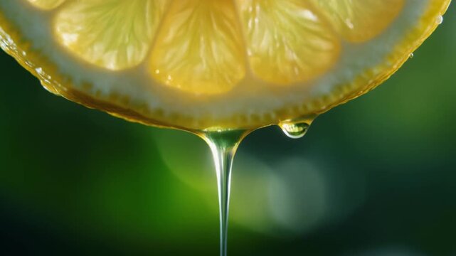 Macro Shot of Juice Dropping from Fresh Lemon Slice in Slow Motion, Cinematic Full HD Food Background