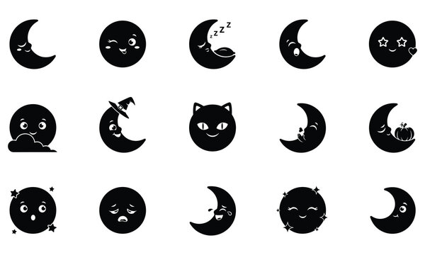 Collection of cute moon character in black silhouette style for halloween night sky and celestial projects