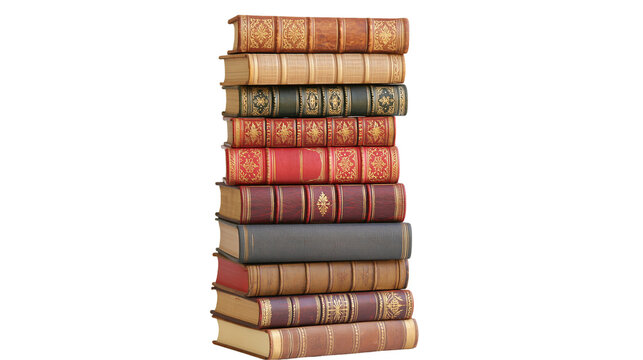 Stack of antique leather-bound books with gold embossed details