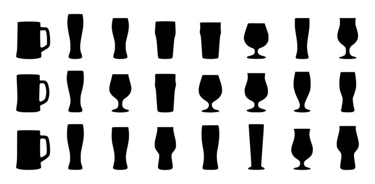 Collection of minimal black and white beer glass silhouettes in various shapes and styles isolated on gray background.