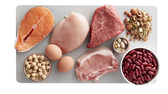 Assortment of protein sources salmon chicken beef pork eggs beans chickpeas, nuts