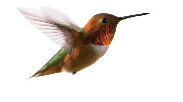 Rufous hummingbird in flight with wings spread