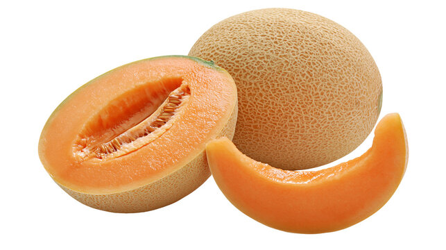 Cantaloupe melon whole halved, and sliced with seeds visible