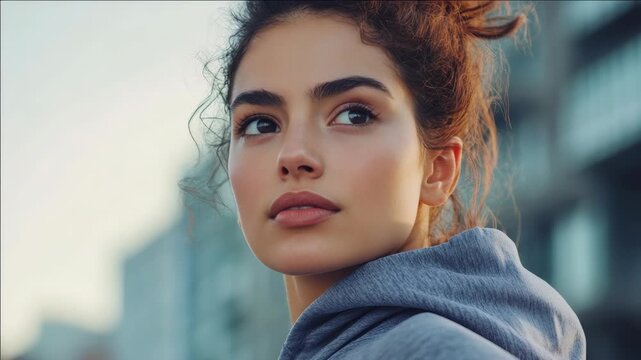 Young woman looks upward in city setting. Soft light highlights her thoughtful expression. Urban backdrop blurred behind her. She wears a casual gray hoodie. Hair loosely tied in a messy bun