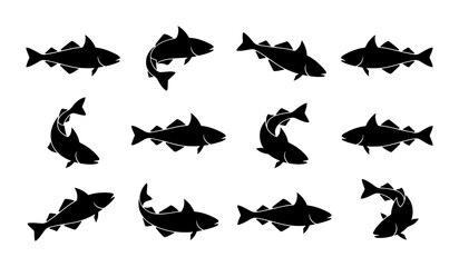 Fototapeta premium Cod Fish Silhouette Vector Icons, Marine Life Seafood Collection, Aquatic Animal Graphics, Black and White Underwater Creatures Set
