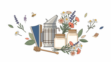 Beekeeping equipment with flowers and honeycomb illustration. © Muh