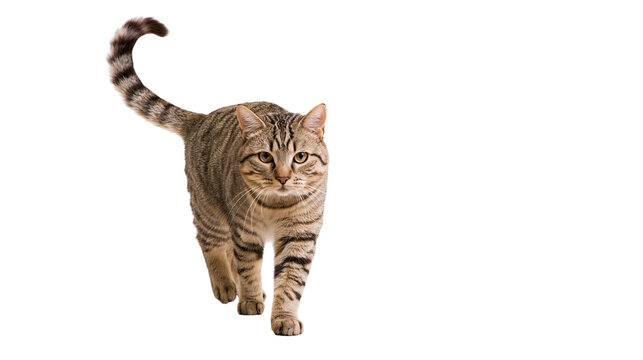 Tabby cat walking forward with striped tail raised