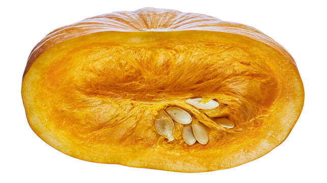 Half pumpkin with seeds and stringy pulp