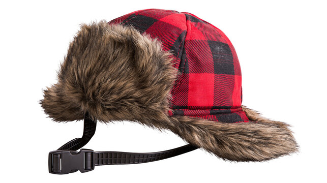Red Black Buffalo Plaid Trapper Hat with Faux Fur Trim and Buckle Strap