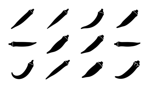 Okra Vegetable Icons, Fresh Organic Produce Silhouettes, Healthy Food Graphics, Culinary Ingredient Vector Set