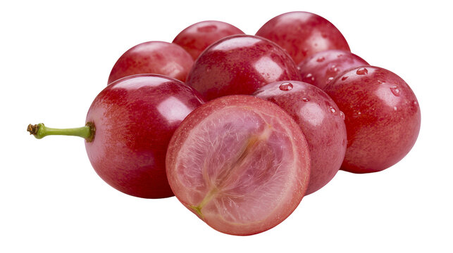 Red grapes cluster with one cut in half showing seeds and pulp