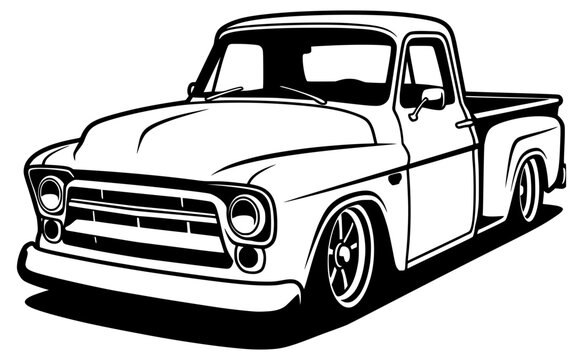 Classic Vintage Pickup Truck SVG Outline Illustration - Retro Custom American Classic Vehicle Black and White Vector