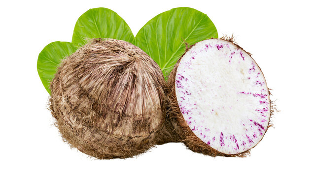 Whole and halved taro root with green leaves
