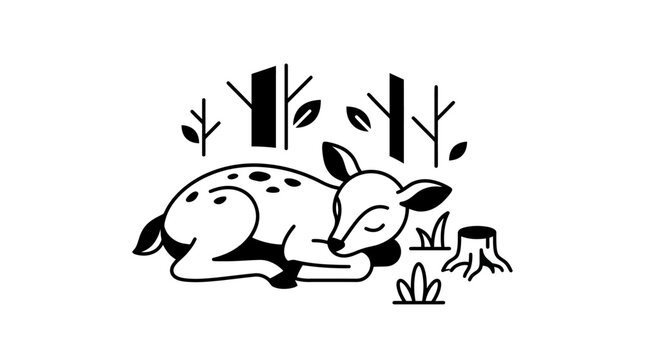 A charming black and white illustration of a baby deer sleeping peacefully in the forest.