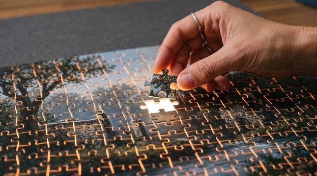 Close up of a hand placing the final piece into a landscape jigsaw puzzle depicting a tranquil lakeside cottage scene
