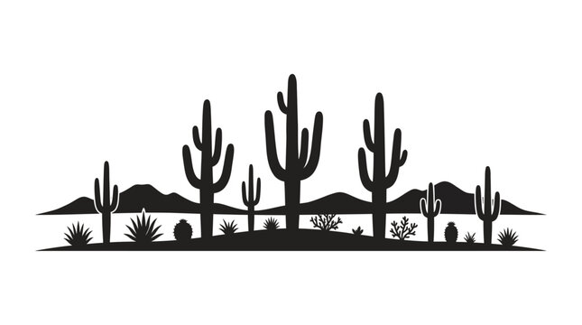 Desert landscape illustration features various cacti plants against mountains.