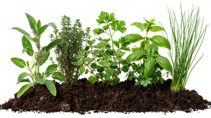 Fresh garden herbs growing in dark soil © Miguel
