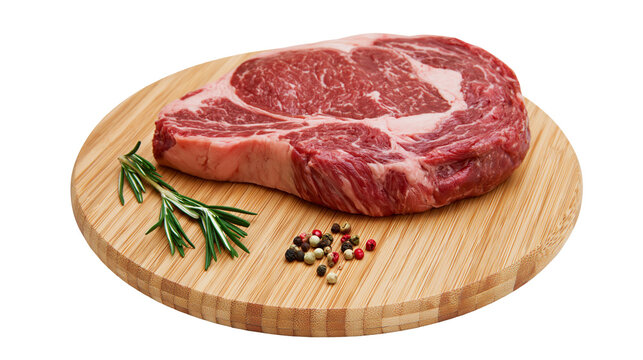 Raw marbled ribeye steak with rosemary and peppercorns on wooden board