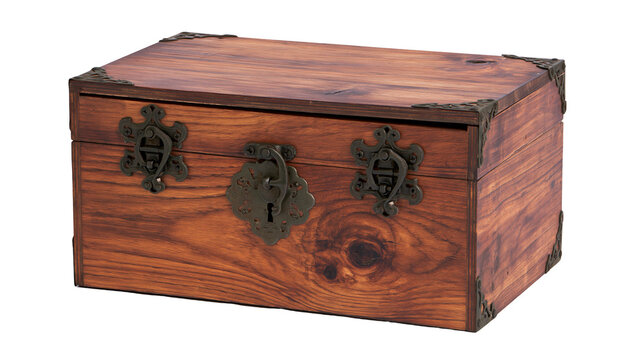 Antique wooden treasure chest with ornate metal hardware