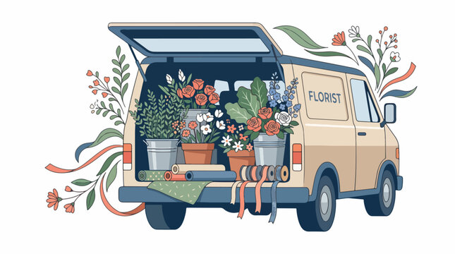 Colorful flower delivery van with open back doors.