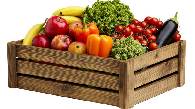 Wooden crate overflowing with fresh fruits and vegetables
