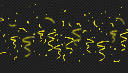Naklejka premium Dynamic golden confetti falling down on a dark transparent background, creating a luxurious and celebratory atmosphere for party events, festive awards, and special occasion graphic designs.