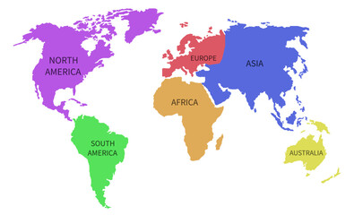 Flat vector world map illustration with continents labeled in different colors for global business concepts, educational materials, and international corporate strategy presentation design assets. © Nexa Visuals
