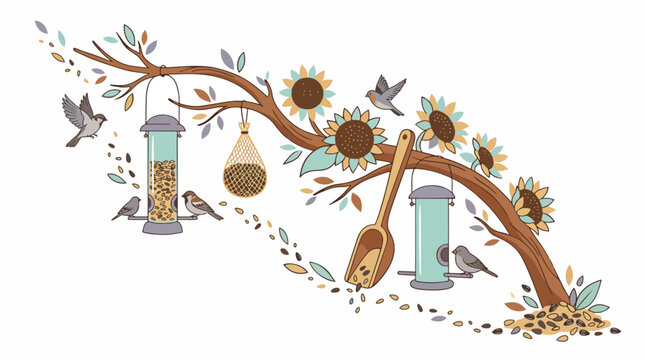 Colorful bird feeders hanging from a tree branch illustration.