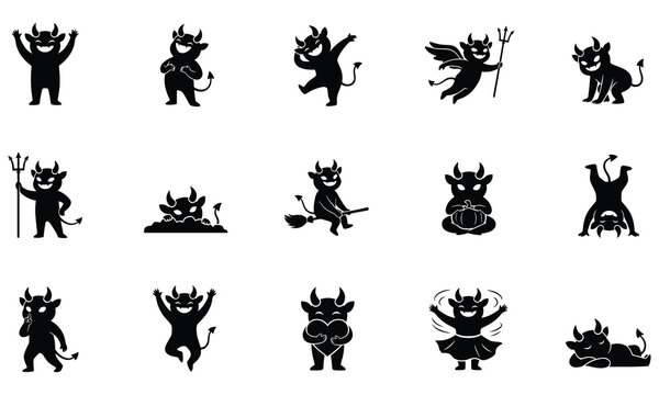 Set of fifteen black silhouette featuring cute cartoon devil characters in various poses and expressions on a white background