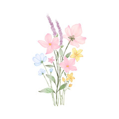 Fototapeta premium Pastel Wildflower Bouquet Watercolor Illustration, Delicate Wildflower Floral Bouquet Watercolor Clipart, Cottage Garden Wildflowers Watercolor Floral Art
