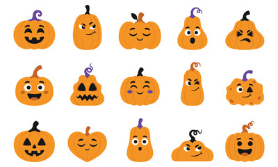 Naklejka premium Set of fifteen cartoon pumpkin characters with various facial expressions and shapes for halloween celebration on a white background isolated