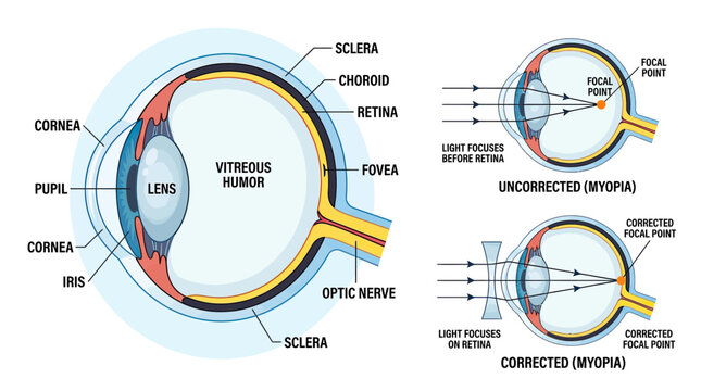 Human Eye Anatomy and Myopia Correction Diagram