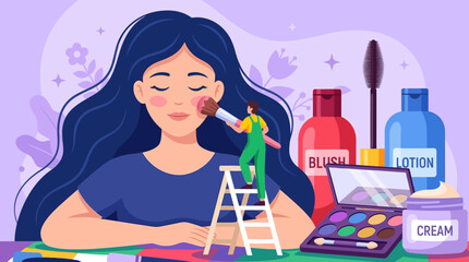 Fototapeta premium Colorful illustration of woman with blue hair surrounded by artistic tools and supplies