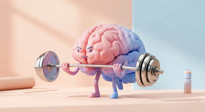 Anthropomorphic human brain character lifting a heavy metal barbell with intense determination to demonstrate cognitive growth and mental strength through hard work and focused intellectual exercise