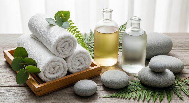 Spa wellness composition with towels oil and stones.