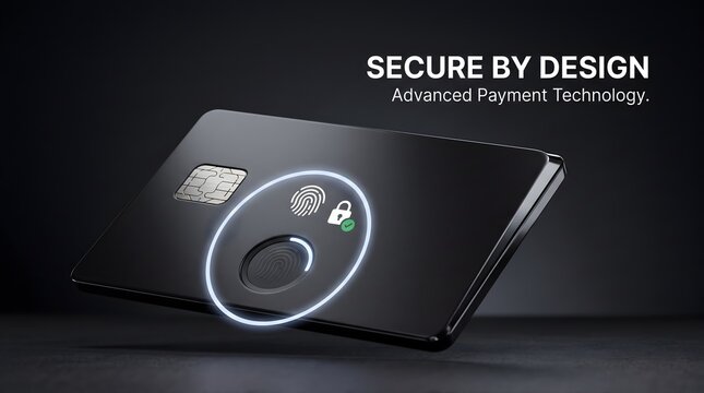 Black credit card with fingerprint scanner and secure lock icon