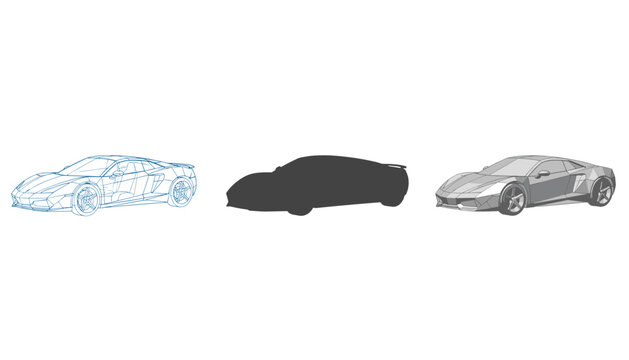 Sports car design evolution displays wireframe structure, silhouette, and final rendered model for automotive engineering and concept study.