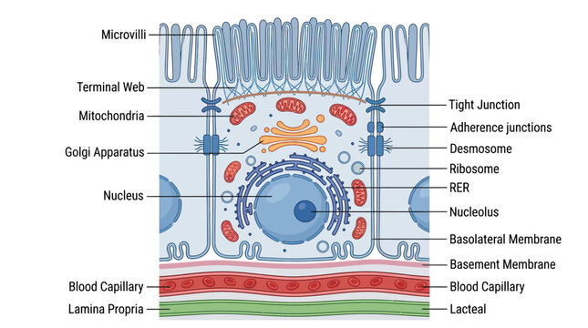 Diagram of an Epithelial Cell Structure and Organelles, Microvilli, Mitochondria, Nucleus