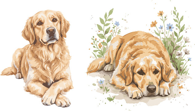Watercolor golden retriever dog illustration clipart collection featuring resting dogs and wildflowers on hand painted animal lover pet owner watercolor illustration painting