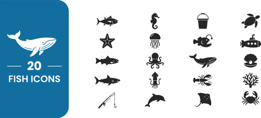 Marine life icons collection whales fish shellfish and ocean creatures © MDABDUL