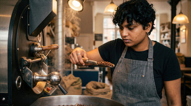 Focused female artisan coffee roaster inspecting fresh beans with a scoop in a professional roasting machine