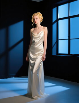 A calm look of a slender girl in a studio in blue light from a window, dressed in thin silk, a delicate photo.