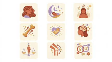Obraz premium Icons represent various aspects of wellness for women experiencing menopause and perimenopause throughout their midlife journey.