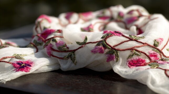 pashmina. Intricately woven pashmina shawl with floral embroidery on dark wood. tutorial guides, club newsletters, designed for tourism and weekend activity guides, used by management consultants.